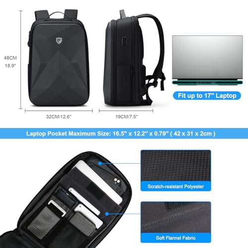 FENRUIEN 17 Inch Laptop Backpack for Men,Waterproof Anti Theft Computer Backpack with USB C Charging Port,Hardshell Gaming Laptop Bag,Black