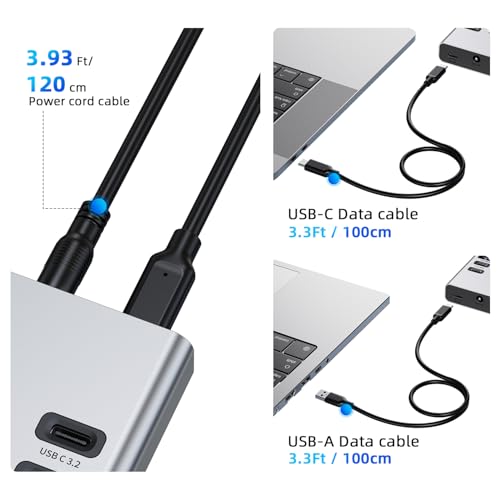 Powered USB Hub 10Gbps, 17 Ports USB 3.2 Hub, 96W Power Adapter | 10 USB-A 3.2, 3 QC 24W Fast Charging, 2 USB-C 3.2, SD/TF, 12V/8A Power Adapter for Laptop, PC, Computer, HDD, Flash Drive - color: Silver