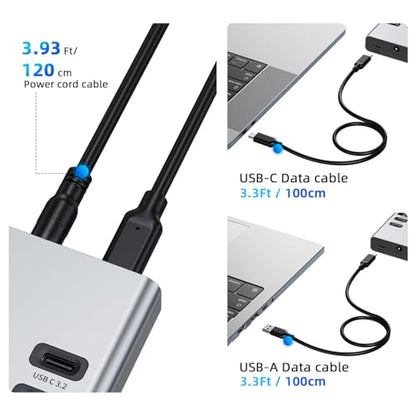 Powered USB Hub 10Gbps, 17 Ports USB 3.2 Hub, 96W Power Adapter | 10 USB-A 3.2, 3 QC 24W Fast Charging, 2 USB-C 3.2, SD/TF, 12V/8A Power Adapter for Laptop, PC, Computer, HDD, Flash Drive - color: Silver