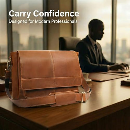 Genuine Leather Messenger Bag-16'' Satchel Shoulder Bag for Men & Women, Crossbody Work Bag for Travel, Office, and Daily Use - color: Tan