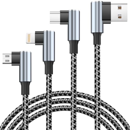 MPATIBY USB to USB C Right Angle Cable, 90 Degree USB Type C Braided Charging Cord 2pack 5FT,USB A to USB C Multi Charging Cable with Type-C, Micro USB, IP Port for IP 15/14/Android Phones Tablet - color: Darkgrey, size: 2Pack5FT
