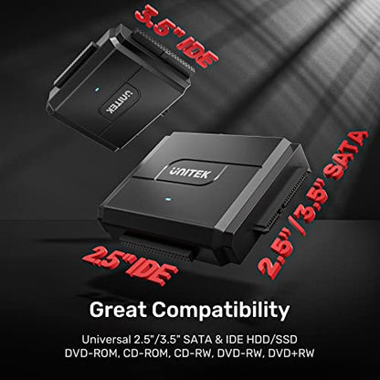 Unitek SATA/IDE USB 3.0 Adapter, Dual-Drive for 2.5/3.5" HDD, 24TB, 6Gbps | Simultaneous 1 SATA + 1 IDE Access; For 2.5/3.5" SATA/IDE HDD/SSD; Plug & Play, Hot-Swap, Auto Sleep; 12V Adapter Included - color: USB A