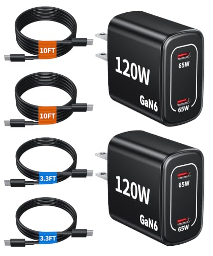 120W Fast Charger USB C - 2 Pack 65W PD Dual Port GaN USB C Charging Block, 3.3/3.3/10/10FT USB C Cable for MacBook Air Pro iPhone 17/16/15 Series Samsung Galaxy S25/S24/S23 Ultra Home Office Travel - color: Black