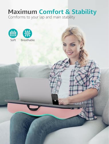Istudyniture Lap Desk | Portable Laptop Desk & Stand – Fits Up to 17 inch – Washable Cushion, Built-in Phone Holder – for Bed, Couch, Sofa, Floor – Writing, Reading, Home Office – Large, Pink - color: Pink