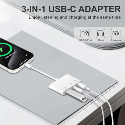 Aux to USB C to USB Adapter, 3-in-1 USB OTG Adapter with USB C to 3.5mm Audio Adapter and 60W PD Fast Charging Port, Compatible with iPhone15/16/17, iPadPro, MacBook, Galaxy S23 and More