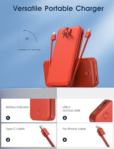 Nusyddy Portable Charger 10000mAh Fast Charging w/Built-in Wall Plug Red | PD20W Fast Charging, LED Indicator, Pass Through Charging, TSA Approved, Compact/Slim, Power Bank for iPhone/iPad/Samsung - color: Red