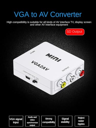 VGA to AV Converter, VGA to RCA Composite Video Audio Adapter with USB Power Cable,1080p,PAL/NTSC Switchable, for PC/Laptop/DVD/Projector to Old TV/Monitor/Display
