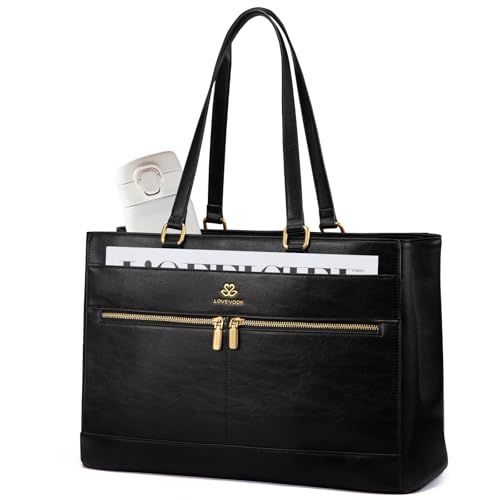 LOVEVOOK Laptop Bag for Women,15.6 Inch Vintage Work Tote Bags for Women,Leather Teacher Bag,Large Handbag Computer Briefcase - color: Black, size: 15.6 Inch