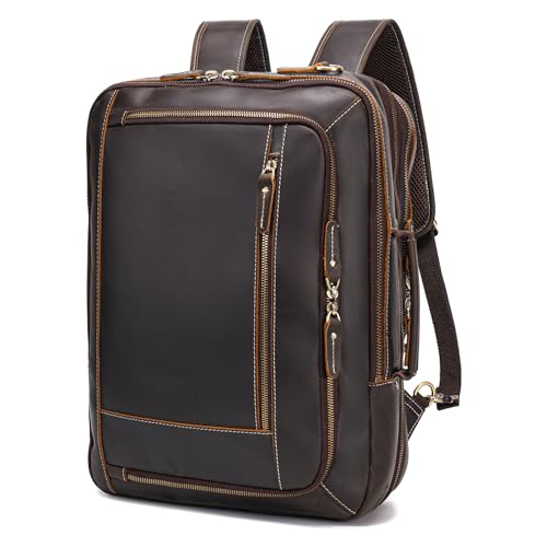 LANNSYNE Vintage Genuine Leather Backpack For Men, 2 in 1 Expandable Briefcase Fits 17'' Laptop Crossbody shoulder Bag Business/Travel Rucksack - color: Brown