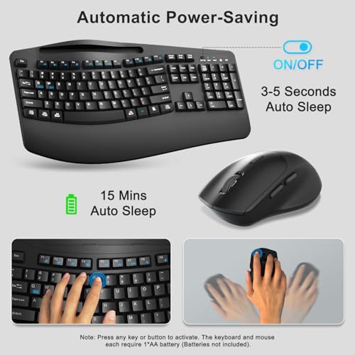 Wireless Keyboard and Mouse Combo, 2.4G Full Size Wave Keys Ergonomic Keyboard with Wrist Rest, Phone Holder, 3-Level DPI Wireless Silent Mouse with 6-Buttons, for Windows, Mac OS, Laptop, PC (Black) - color: Black