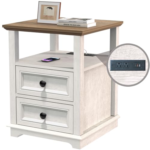 End Table with Fast Charging Station, Side Table with 2 Drawers | Large Storage Rustic Wood Square Storage Cabinet for Living Room,Bedroom,Office - color: Rustic White, size: 1 Piece
