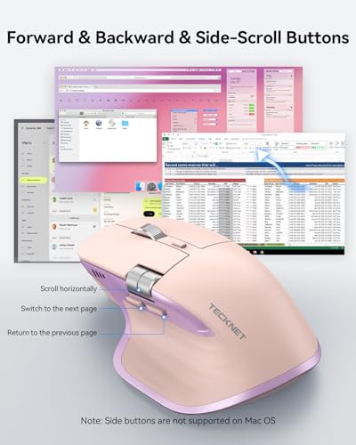 TECKNET Wireless Mouse, Bluetooth Mouse (BT5.3/5.0 & 2.4G) Rechargeable Ergonomic Optical Mouse with 6 Adjustable DPI, Side Scroll, Quiet Clicks, USB A Receiver, 7 Buttons, Wide Compatibility - color: Pink & Purple