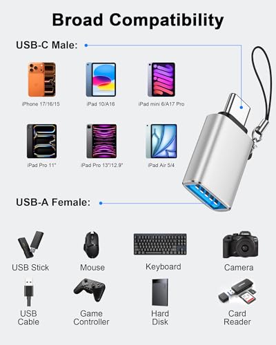 USB-C to USB-A Adapter, 5Gbps USB C Male to USB 3.0 Female OTG Converter | High-Speed Data Transfer & Fast Charging, USB Type-C Connector for iPhone 17 16 15, Samsung Galaxy S26 S25, iPad, MacBook Pro