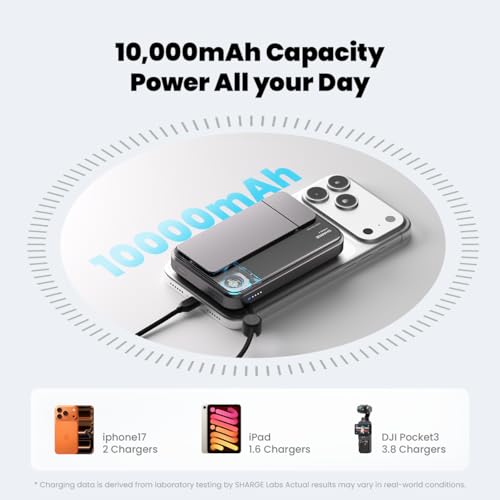 sharge for MagSafe Power Bank Qi2.2 25W 10000mAh Magnetic Portable Charger | ICEMAG 3 with 35W USB-C Fast Charging & Active Cooling & Built-in Cable, Transparent RGB Wireless Battery Pack - style: Classic