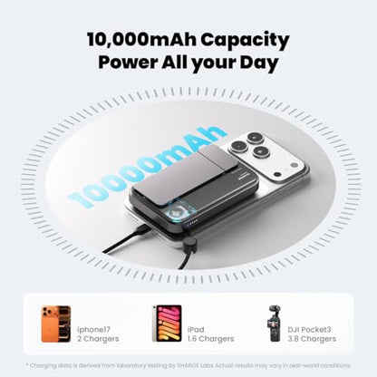 sharge for MagSafe Power Bank Qi2.2 25W 10000mAh Magnetic Portable Charger | ICEMAG 3 with 35W USB-C Fast Charging & Active Cooling & Built-in Cable, Transparent RGB Wireless Battery Pack - style: Classic