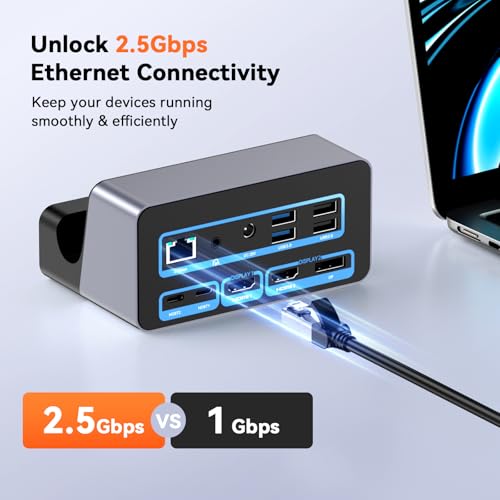 TobenONE 18-in-2 MacBook Docking Station Dual Monitor 4K@60Hz, 150W Adapter | Plug and Play, Vertical Dock Stand for MacBook Pro/Air, 2 HDMI and DP, 7 USB, 2.5GbE, 2 Audio, Space-Saving for Home Office