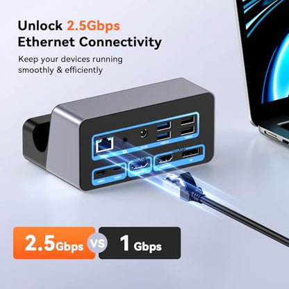 TobenONE 18-in-2 MacBook Docking Station Dual Monitor 4K@60Hz, 150W Adapter | Plug and Play, Vertical Dock Stand for MacBook Pro/Air, 2 HDMI and DP, 7 USB, 2.5GbE, 2 Audio, Space-Saving for Home Office