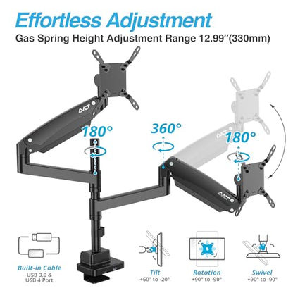 AVLT Dual Monitor Arm 57" Pole Top Mount with USB-C & A – Black | Heavy-duty Stacking arm; Height Adjustable; Top C-clamp/Grommet w/ Reinforcement Plates; VESA 200/100/75mm. - color: Black