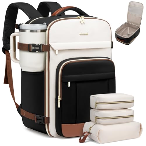 LOVEVOOK 40L Travel Backpack for Women & Men - 17.3 Inch Carry On Backpack & Personal Item Backpack for Airlines, Spacious and Durable Design, with 3 Packing Cubes - color: Black-beige-brown, size: Large-40L-4Pcs