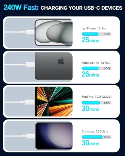 USB C to USB C, 240W USB C Cable, 6.6ft C to C Cable Fast Charging for Macbook Pro/Macbook Air, iPad Pro 12.9-inch, iPhone 15/Pro Max/Pro/Plus, Samsung Galaxy S23,Compatible 140W/100W /65W/45W/35W/20W - color: White, size: 6.6FT