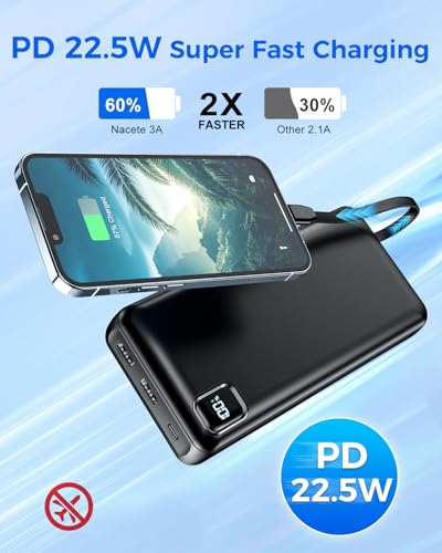 50000mAh Portable Charger, PD 22.5W Fast Charging Power Bank with Built in Cables, USB-C External Battery Pack for iPhone 17 16 15 14 Samsung Pixel Android iPad
