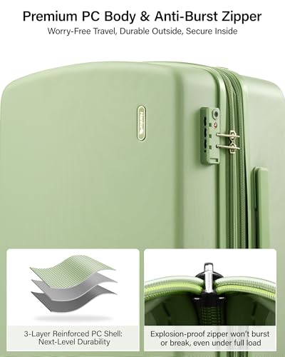 Hanke 20 Inch Expandable Carry On Luggage, Hard Shell with Side Hook | PC Hard Shell, Overhead Bin, Expandable Up to 15%, 8 Spinner Wheels, TSA Lock, Lightweight, Weekend Getaway - color: Bamboo Green, size: 20 Inch EXT