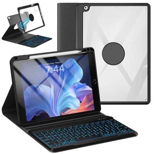 OYEEICE Keyboard Case for iPad 6th/5th Gen 9.7 inch | 360° Rotatable, 7 Color Backlit Detachable Wireless Keyboard, Upgraded Magnetic Cover with Pen Holder for iPad Air 2nd Gen - color: Black, size: 9.7 inch (6th/5th gen & Air 2nd gen)