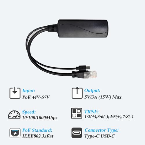 2.5G Type C PoE Splitter 5V/3A, 48V PoE to USB-C 5V/3A 15W Output, 2.5Gbps Ethernet Comply IEEE802.3af/at, Plug and Play for Smart Home - style: TYPEC0503G-X TYPE-C 5V/3A
