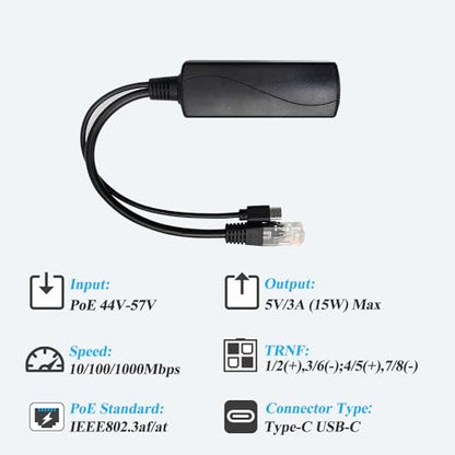 2.5G Type C PoE Splitter 5V/3A, 48V PoE to USB-C 5V/3A 15W Output, 2.5Gbps Ethernet Comply IEEE802.3af/at, Plug and Play for Smart Home - style: TYPEC0503G-X TYPE-C 5V/3A