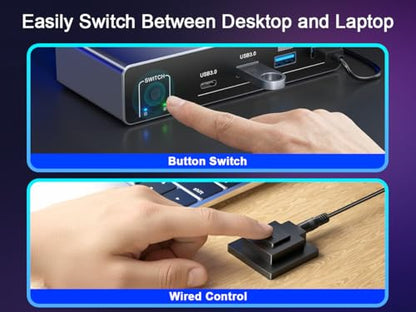 usbc kvm Switch 2 Monitors 1 Desktop and 1 Laptop 4K@60Hz, Dual Monitor KVM Switch Docking Station, Expand 2 HDMI Displays,3xUSB 3.0,1xUSB c,PD 80W, Wired Remote and USB c Cable Included