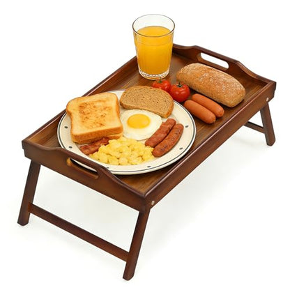 Bamboo Breakfast Tray Table with Folding Legs for Bed Table Sofa - Eating & Laptop Tray Bamboo with Folding Legs - color: Walnut