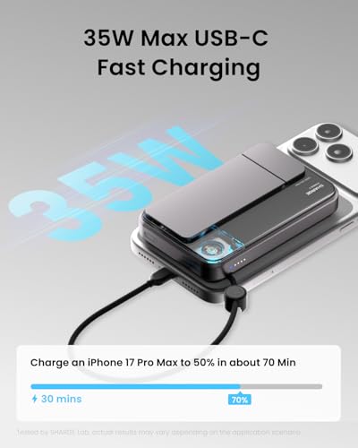 sharge for MagSafe Power Bank Qi2.2 25W 10000mAh Magnetic Portable Charger | ICEMAG 3 35W USB-C Fast Charging with Active Cooling& Built-in Cable, Transparent Design, Wireless Battery Pack - style: White
