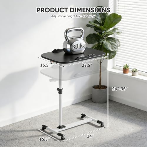Magshion Tilt Overbed Bedside Table with Wheels, Rolling Laptop Desk w/Height Adjustment from 24" to 36", Sit to Stand Up, Mobile Standing Desk for Hospital Home Office, White Frame - color: White Fram, size: One-Piece Desktop