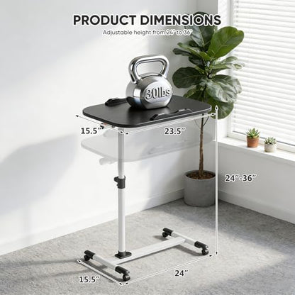 Magshion Tilt Overbed Bedside Table with Wheels, Rolling Laptop Desk w/Height Adjustment from 24" to 36", Sit to Stand Up, Mobile Standing Desk for Hospital Home Office, White Frame - color: White Fram, size: One-Piece Desktop