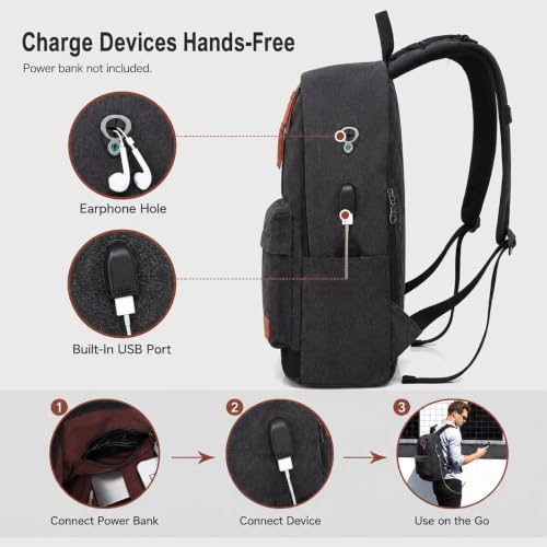 Canvas Laptop Backpack, Waterproof School Backpack With USB Charging College - color: Black