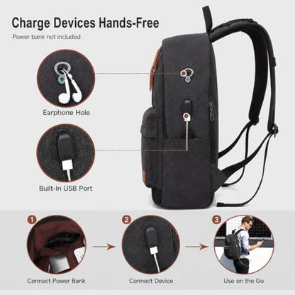 Canvas Laptop Backpack, Waterproof School Backpack With USB Charging College - color: Black