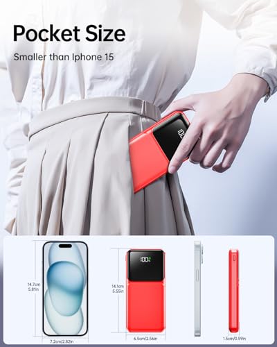 RONEGN Portable Charger with Built in Cable -20000mAh Fast Charging Power Bank USB C Slim 22.5W LED Display Battery Pack 5 Outputs & 3 Inputs for Travel Essentials iPhone Samsung Phones Red - color: Red