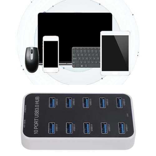 Diyeeni USB 3.0 Hub 10 Port Data Hub Splitter with Individual On Off Switches, 5Gbps High Speed USB Expander for Laptop PC Printer Hard Drive Flash Drive, Powered Docking Station