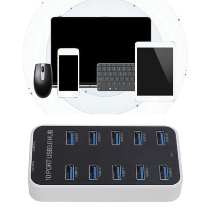 Diyeeni USB 3.0 Hub 10 Port Data Hub Splitter with Individual On Off Switches, 5Gbps High Speed USB Expander for Laptop PC Printer Hard Drive Flash Drive, Powered Docking Station