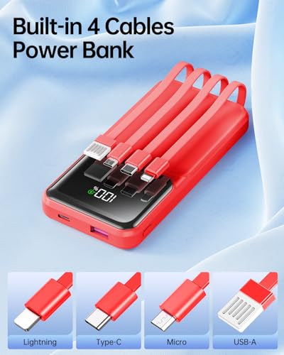 RONEGN Portable Charger with Built in Cable -20000mAh Fast Charging Power Bank USB C Slim 22.5W LED Display Battery Pack 5 Outputs & 3 Inputs for Travel Essentials iPhone Samsung Phones Red - color: Red