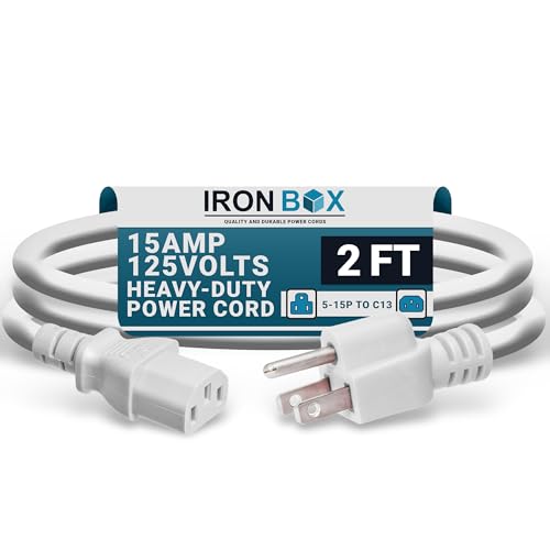 IronBox Electric - Heavy-Duty 5-15P to C13 Power Cord - 3 Prong 15A 125V 14/3 SJT PC Cable - Cord for Computer, Monitor, Subwoofer, Amplifier - Cable for Power Supply - (White 2 Foot) - color: White, size: 2 ft