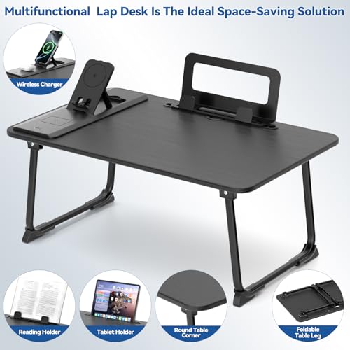 Lap Desk Bed Table with Wireless Charger - Foldable Large Laptop Tray with Tablet Slot and Book Shelf, No Assembly Table for Couch Chair Floor for Sturdy, Writing, Studying Eating, and WFH