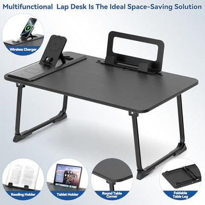 Lap Desk Bed Table with Wireless Charger - Foldable Large Laptop Tray with Tablet Slot and Book Shelf, No Assembly Table for Couch Chair Floor for Sturdy, Writing, Studying Eating, and WFH