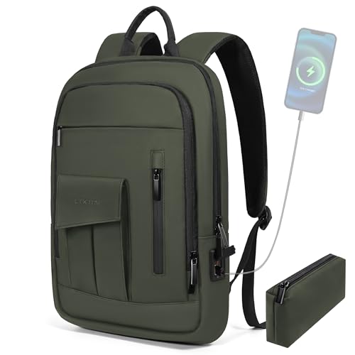 Business Backpack for Men Slim Lightweight Laptop Backpack Water Resistant Small Office Backpack for Commute Travel Daily Office Work with Small Bag (Green, 15.6") - color: Green, size: 15.6", style: With Pocket