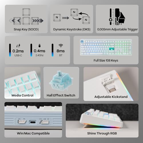 EPOMAKER HE108 Wireless Gaming Keyboard, 8K Polling & 10000mAh, SOCD & DKS | Full-Sized Hall Effect Keyboard with Rapid Triggering, Custom Driver, RGB Backlit, PBT Keycap (White) - color: White