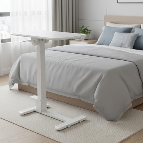 Mount-It! Overbed Table with Wheels, Folding Adjustable Height White | Foldable Bedside Tray Table on Wheels, No-Assembly Over Bed Laptop Desk, Folds Flat for Storage, Ultra-Low Base - color: White