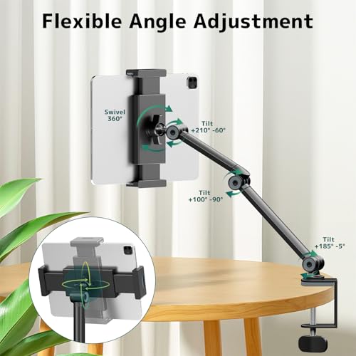 Tablet Stand Holder with 360° Rotation,Adjustable Arm Clamp for 4.7”-12.9" | Supports 2.2 lbs,Portable Phone Tablet Holder for ipad,iPad, iPhone, Kindle, Black,Flexible Angle for Work or Media