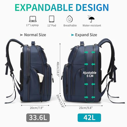 Expandable Business Backpack with 17" Laptop Compartment - Waterproof, Airline Approved, 33L-42L Capacity, for Work & Travel, Blue - color: Blue