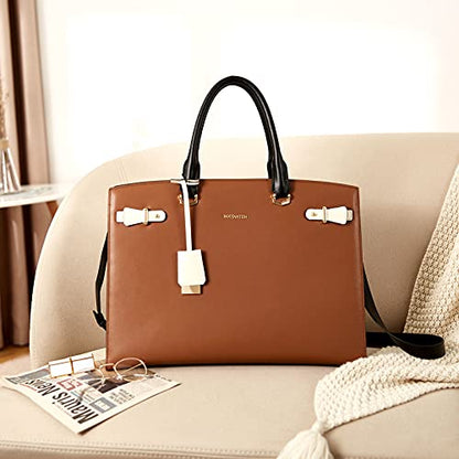 BOSTANTEN Genuine Leather Briefcase for Women 15.6'' Laptop Work Tote Bag | Laptop Compartment, Spacious Interior, Structured, Professional Style, Detachable Shoulder Strap, Office, Business, Commute - color: C-brown