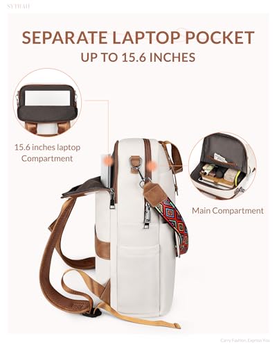 Leather Laptop Backpack 15.6 inch Womens Computer Bag Beige | 3-in-1 laptop purse: Dedicated 15.6" Compartment, 7-Pocket Organizer, Colorful Shoulder Strap, Work & Travel Ready - color: Beige Brown